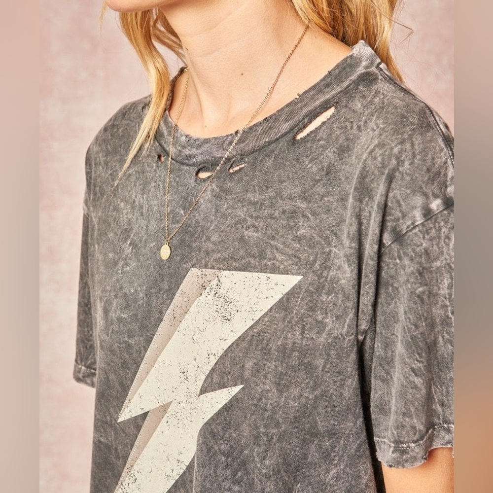 CHARCOAL LIGHTNING BOLT GRAPHIC MINERAL WASHED TEE SHIRT TUNIC - Picture 3 of 5